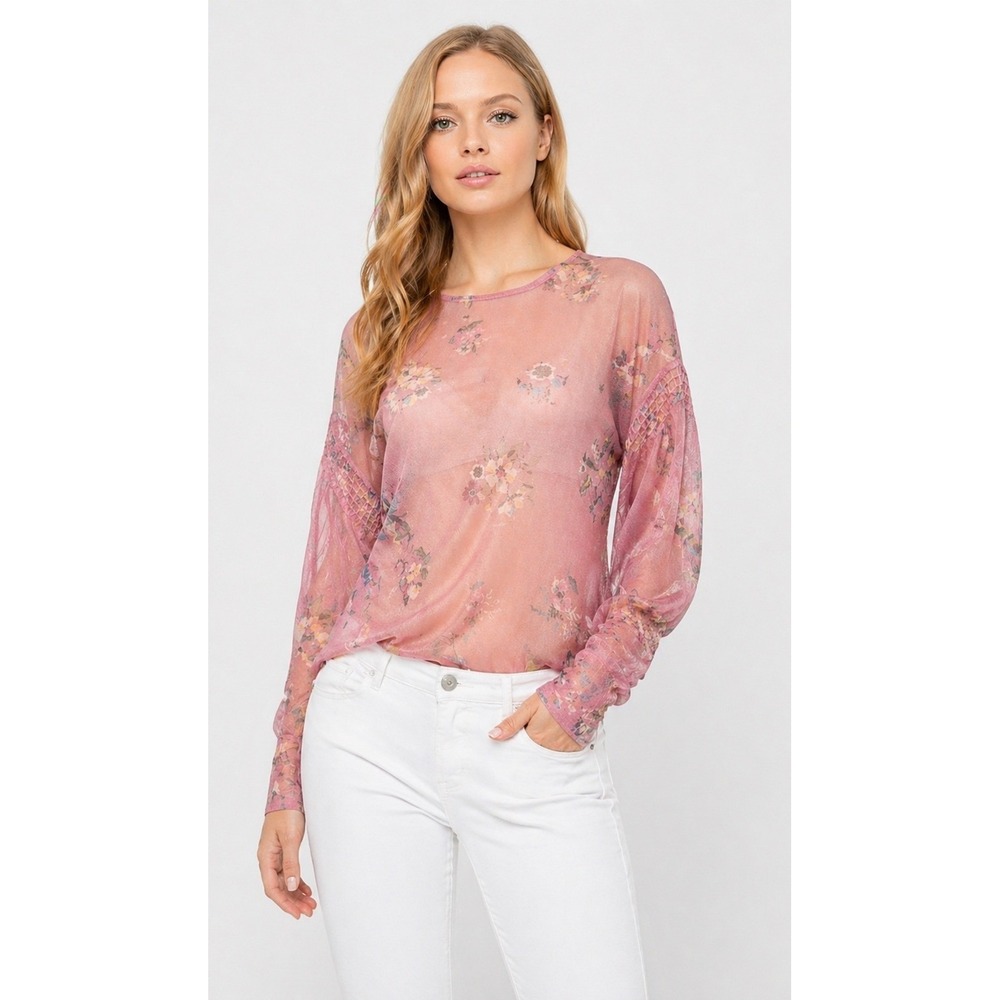 Zara Floral‎ Mesh Blouse Womens Small Pink NWT Smocked Balloon Sleeve Top Boho